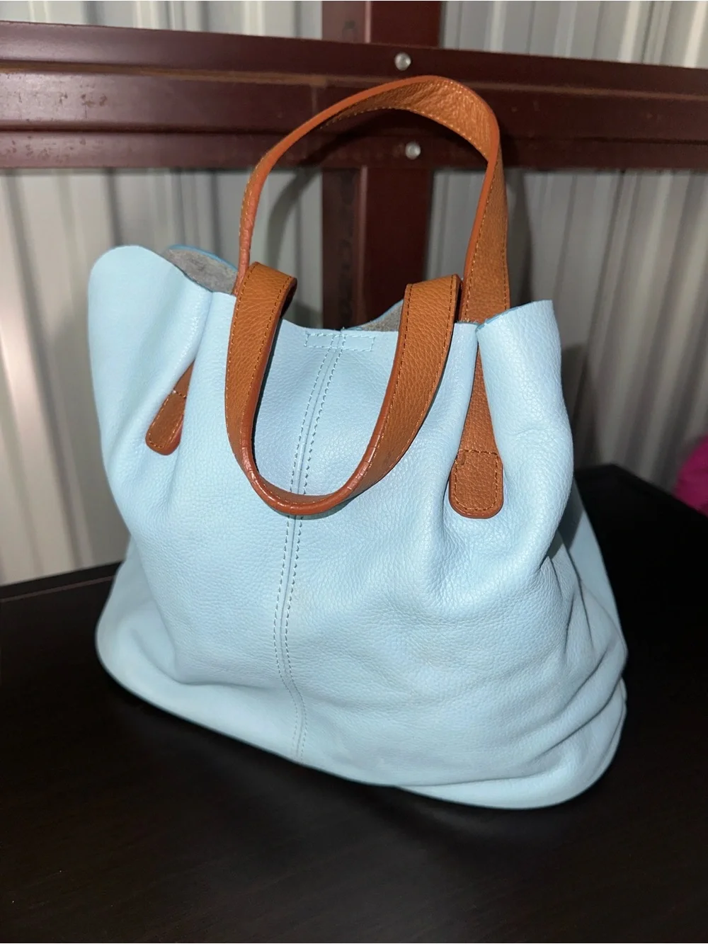 Everyday Light Blue Tote with Tan Handles - Women's Shoulder Bag - Picture 3 of 8